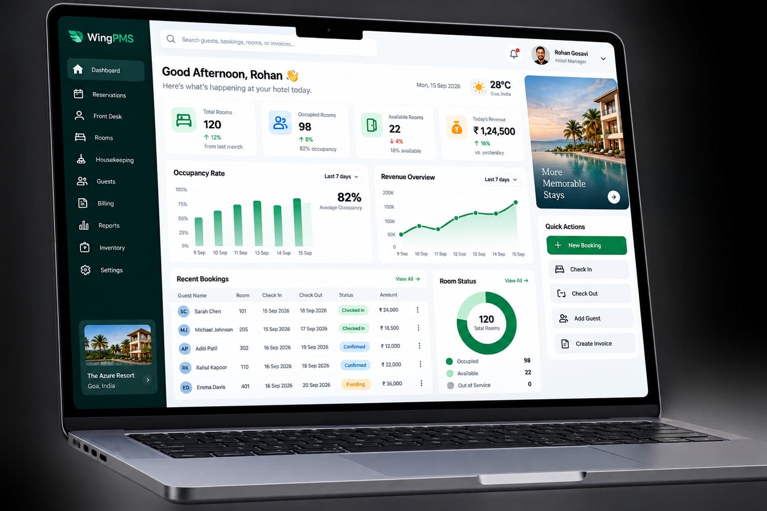 An early concept render of a WingPMS dashboard on a laptop — not a live product screenshot