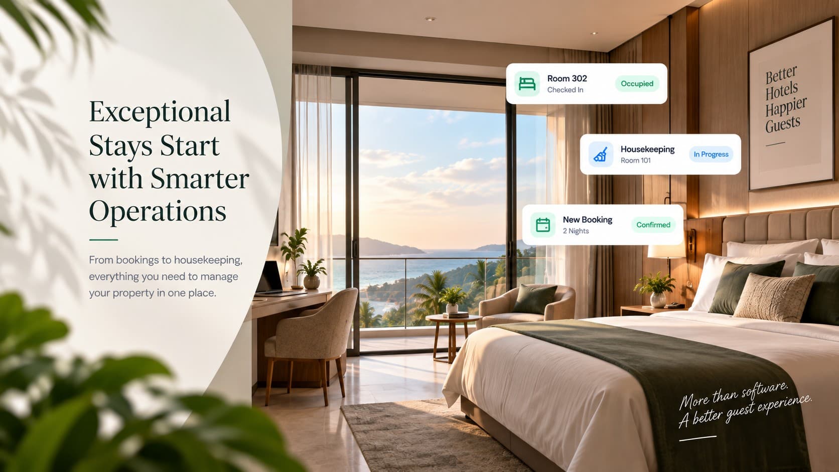 A hotel suite with an ocean view, overlaid with illustrative room status, housekeeping and booking cards